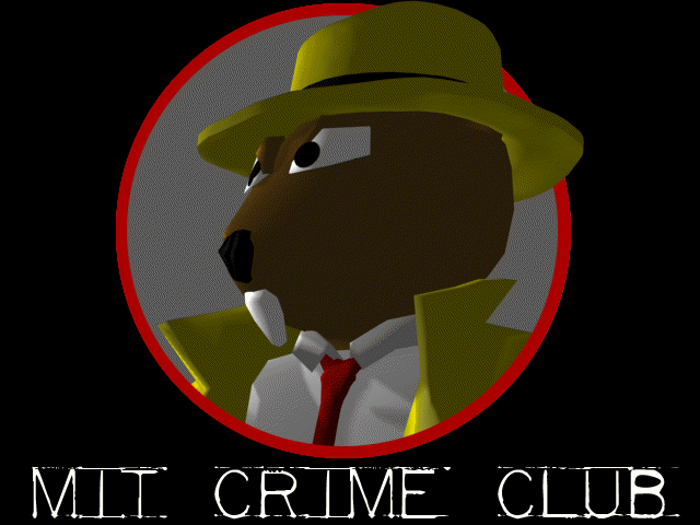 A shaded drawing of a brave-looking beaver, modeled on the comic-strip detective Dick Tracy with some features of MIT’s beaver mascot; 'MIT CRIME CLUB'
